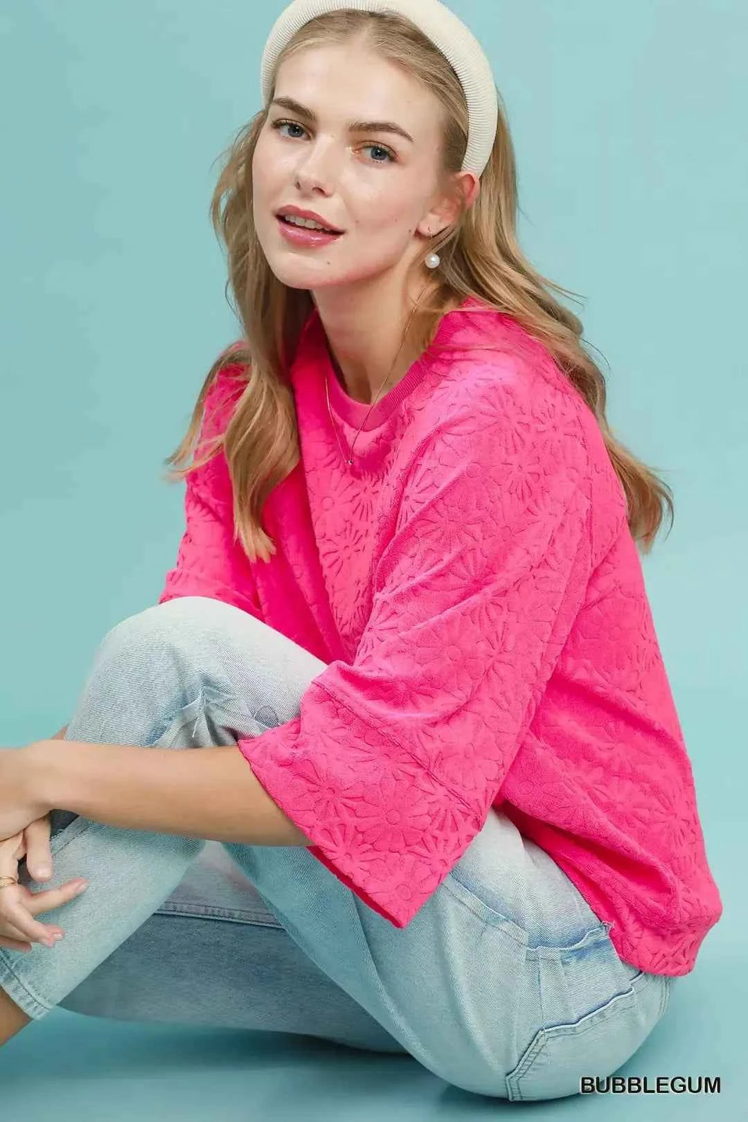 Bubblegum Pink Round Neck Textured Floral Terry Blouse by Umgee