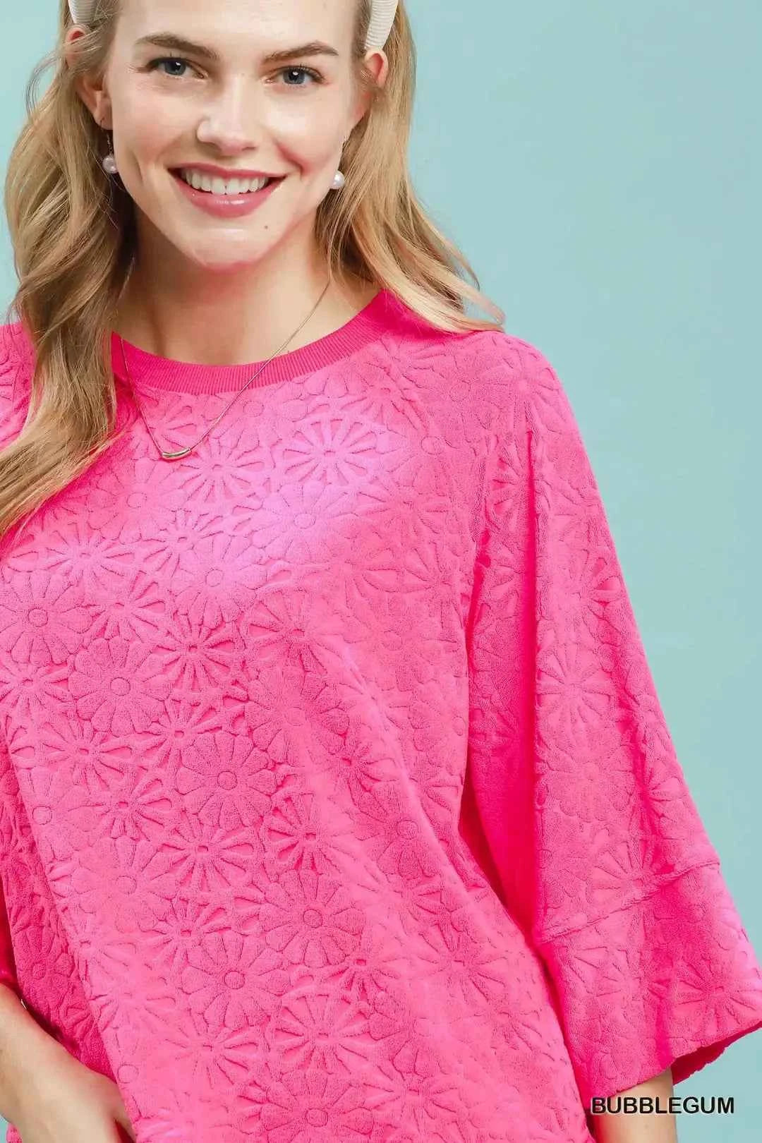 Bubblegum Pink Round Neck Textured Floral Terry Blouse by Umgee