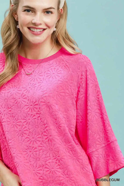 Bubblegum Pink Round Neck Textured Floral Terry Blouse by Umgee