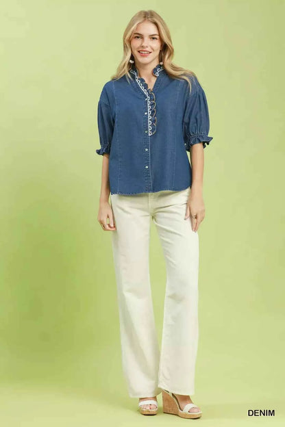 mgeeDenim Scalloped Trim Chambray Button Front Blouse