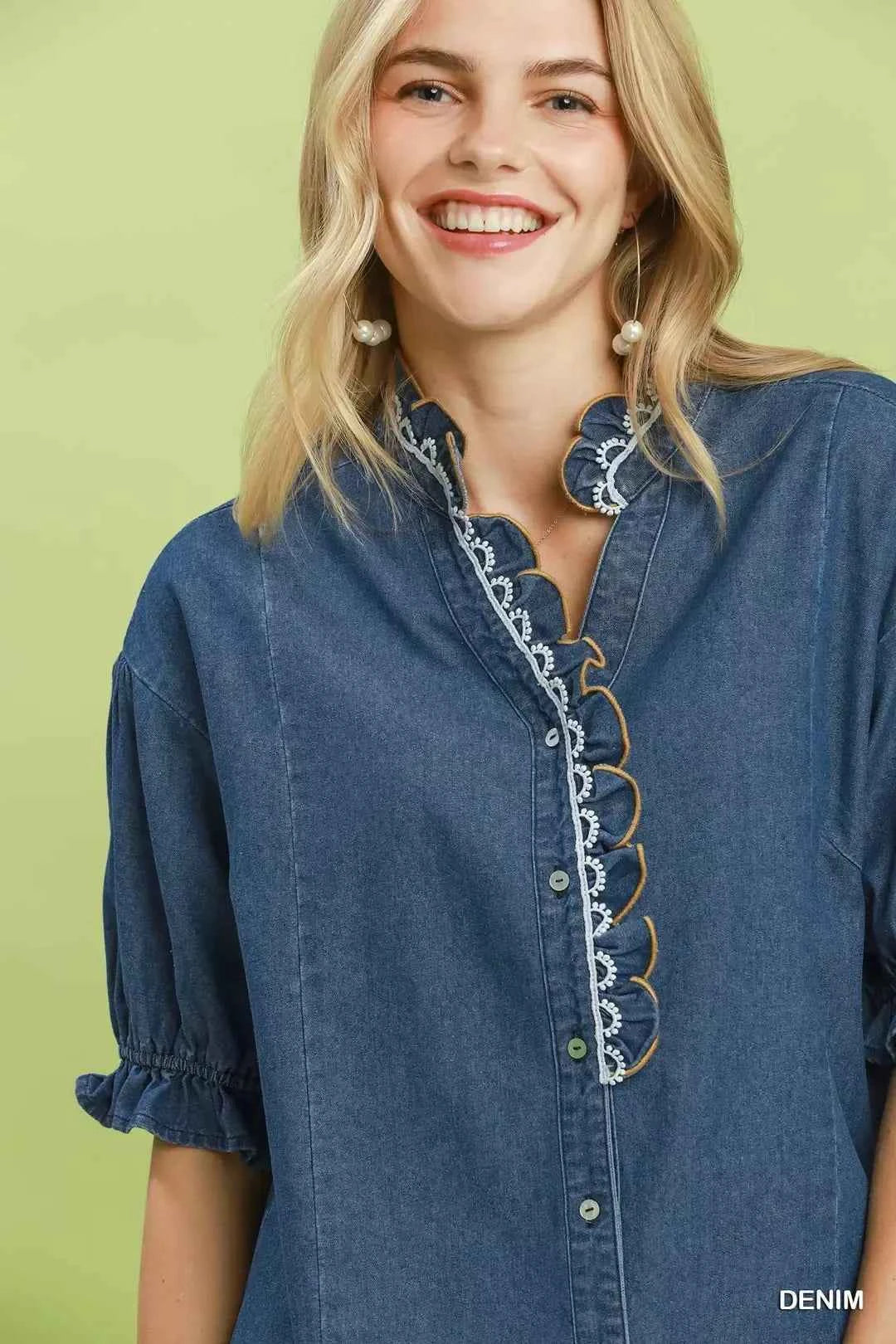 mgeeDenim Scalloped Trim Chambray Button Front Blouse