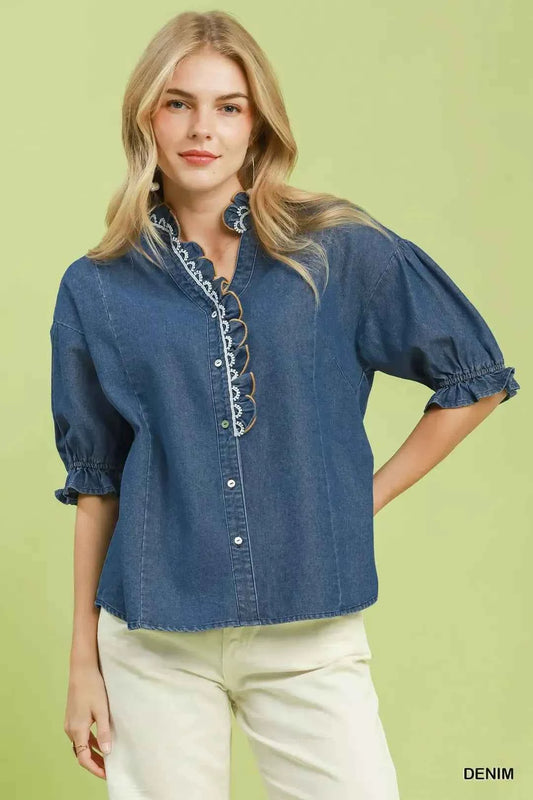 mgeeDenim Scalloped Trim Chambray Button Front Blouse