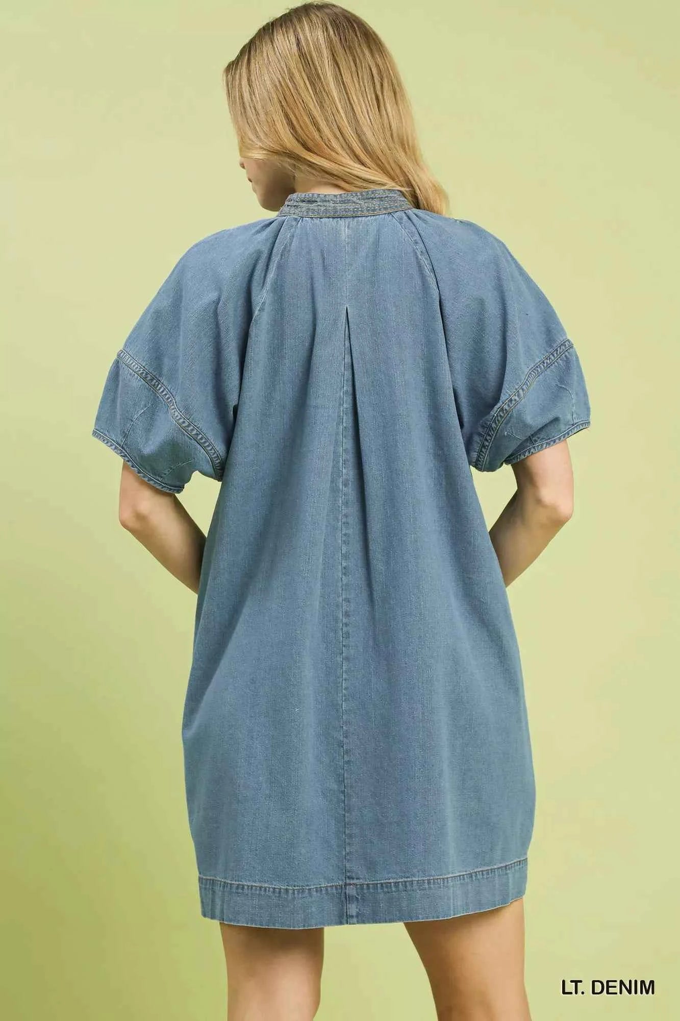 Light Denim Contrast Stitch Puff Sleeve Mini Dress w/ Pockets by Umgee