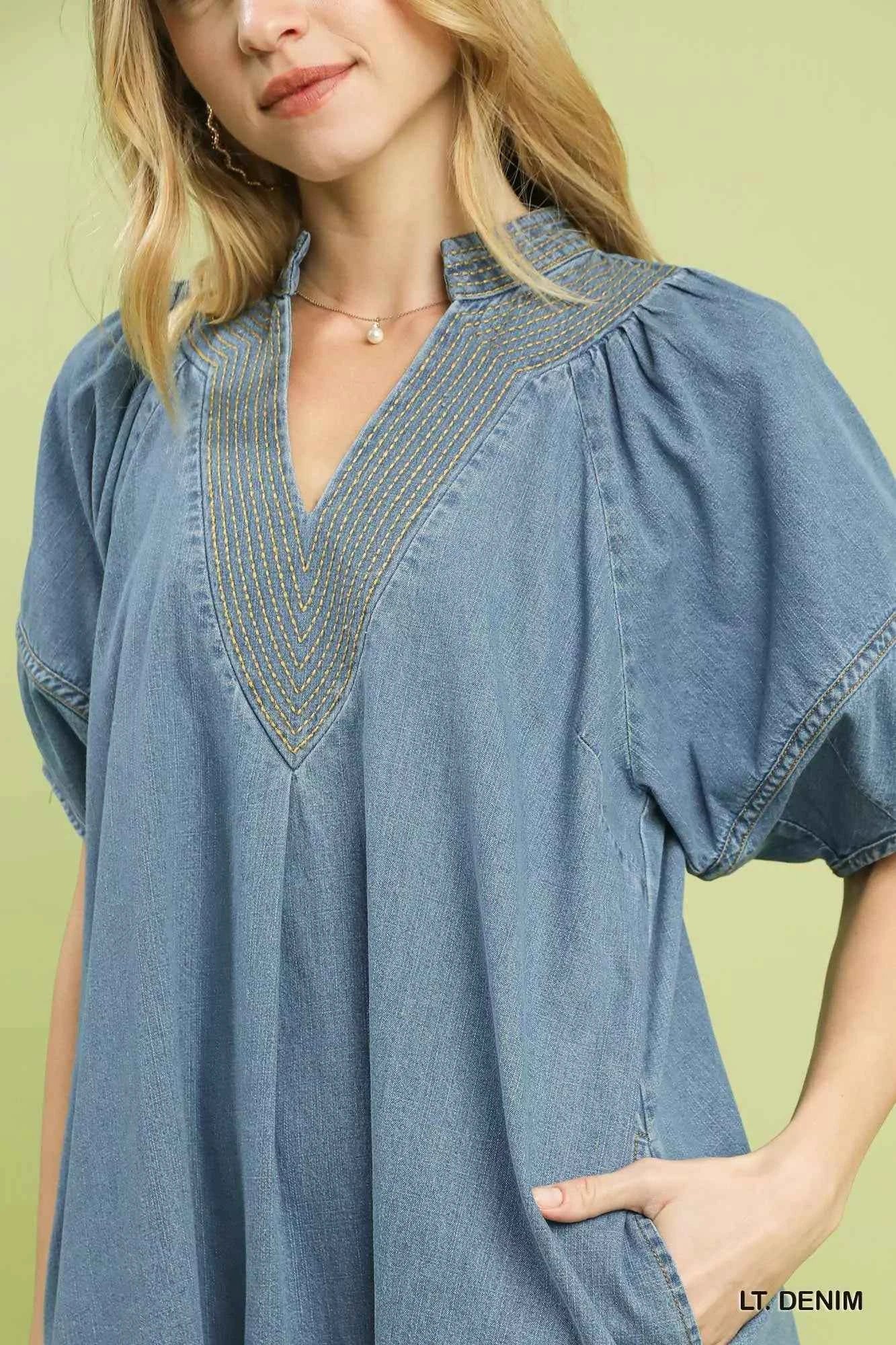 Light Denim Contrast Stitch Puff Sleeve Mini Dress w/ Pockets by Umgee