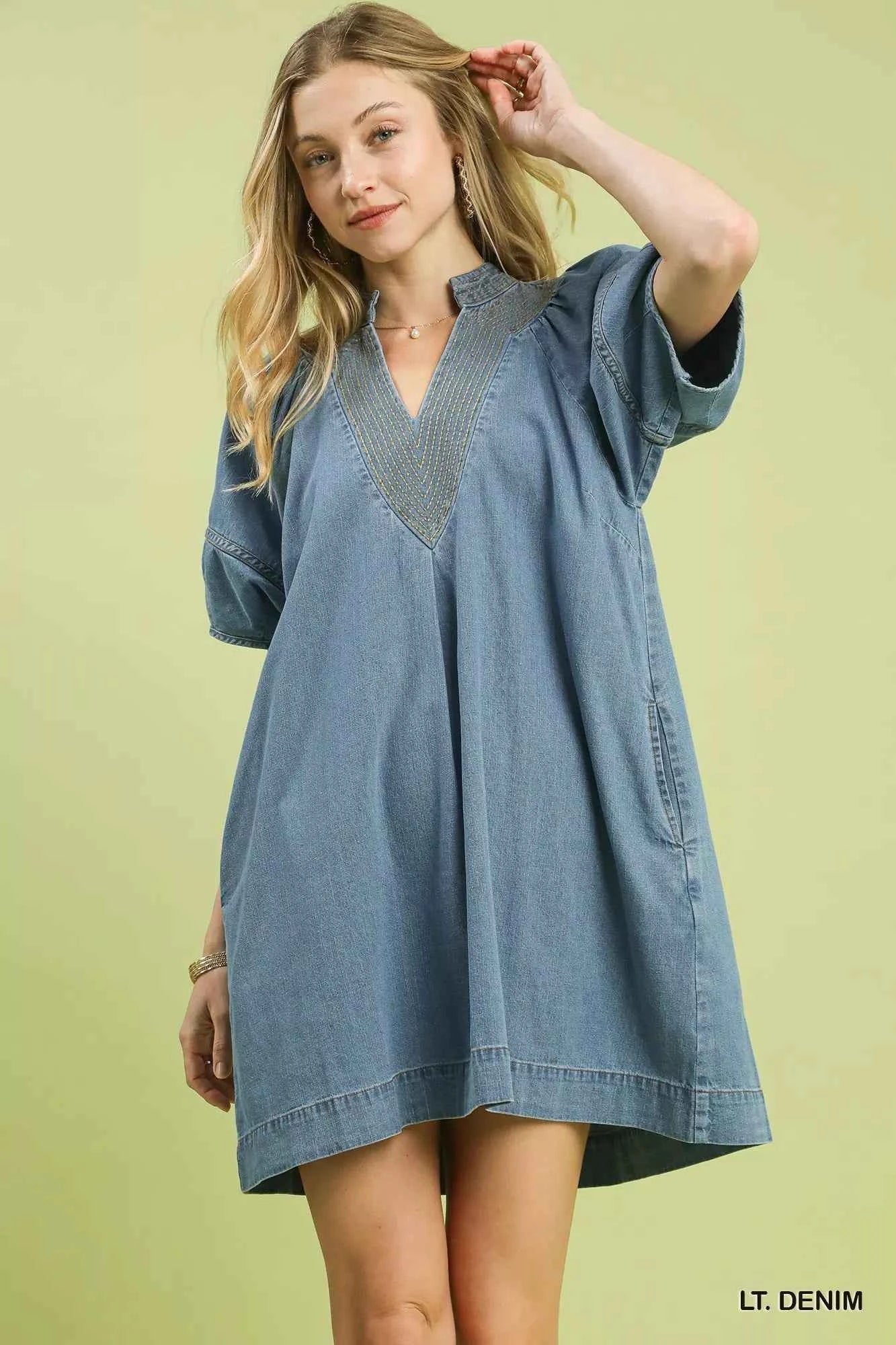 Light Denim Contrast Stitch Puff Sleeve Mini Dress w/ Pockets by Umgee