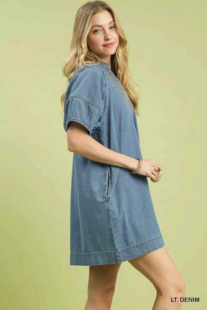 Light Denim Contrast Stitch Puff Sleeve Mini Dress w/ Pockets by Umgee
