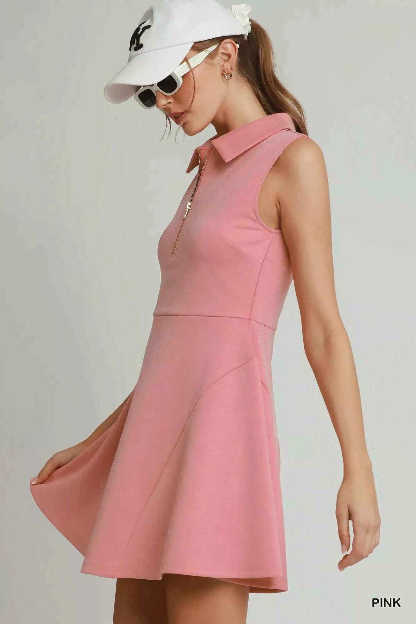 Pink Quarter Zip Collared Athletic Mini Dress by Umgee