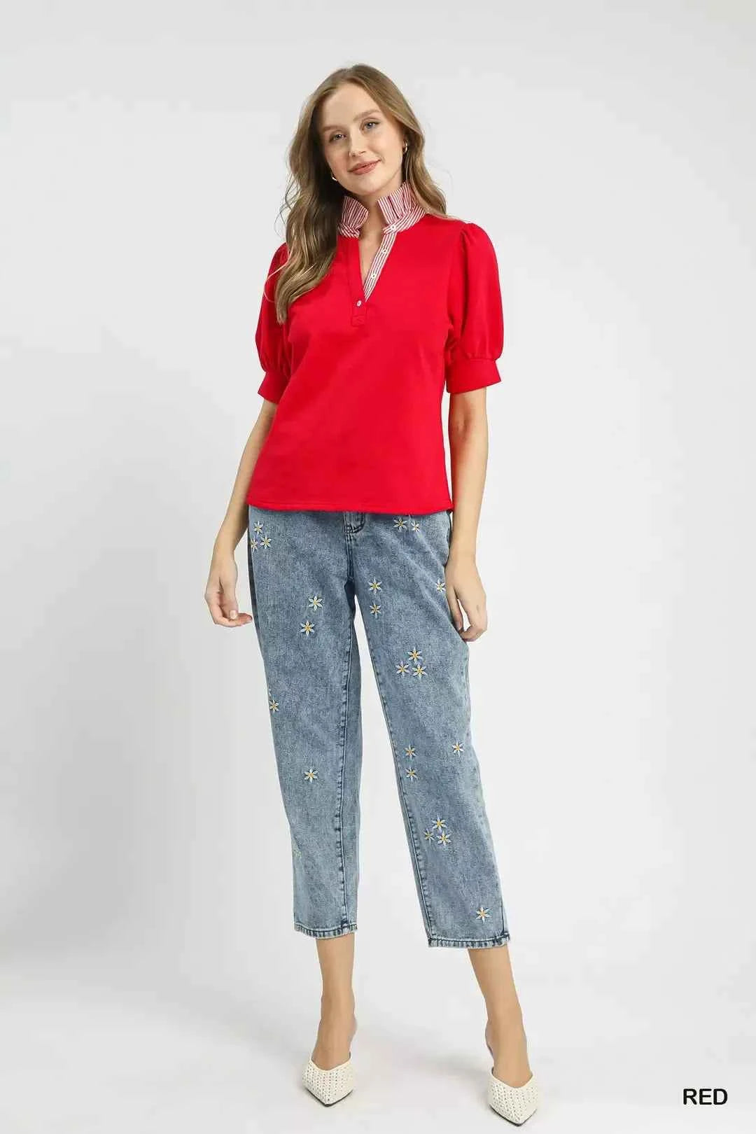 Red Contrast Stripe Collar Puff Sleeve Top by Umgee