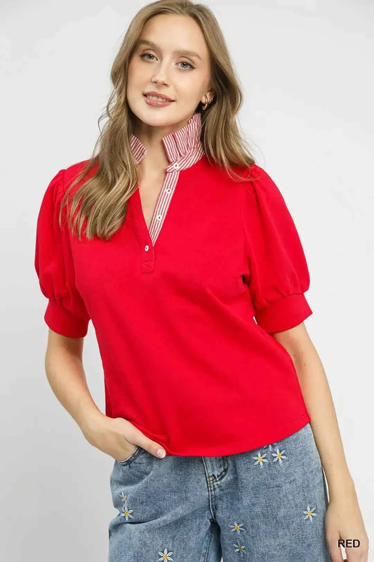 Red Contrast Stripe Collar Puff Sleeve Top by Umgee
