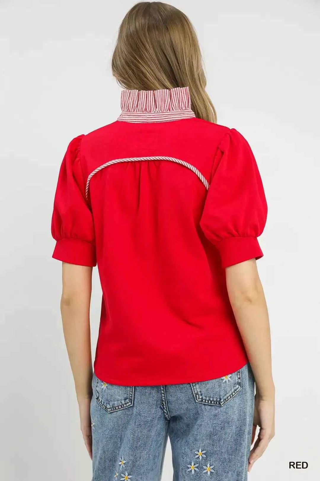Red Contrast Stripe Collar Puff Sleeve Top by Umgee