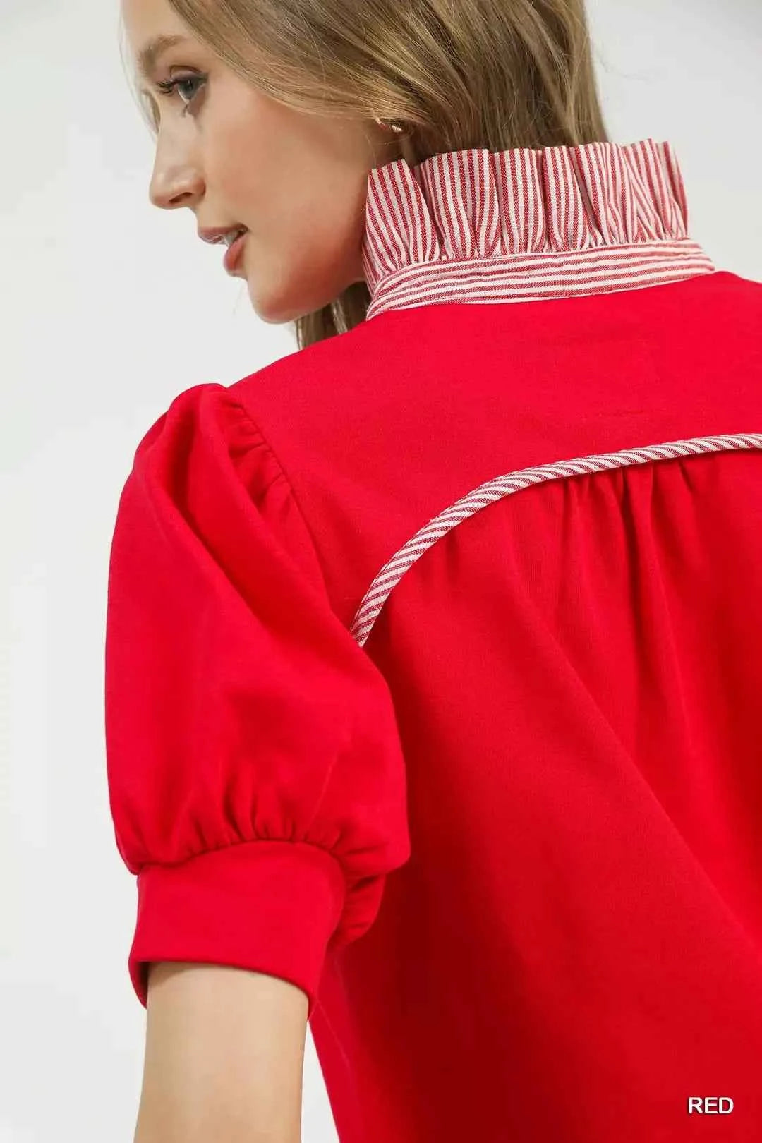 Red Contrast Stripe Collar Puff Sleeve Top by Umgee