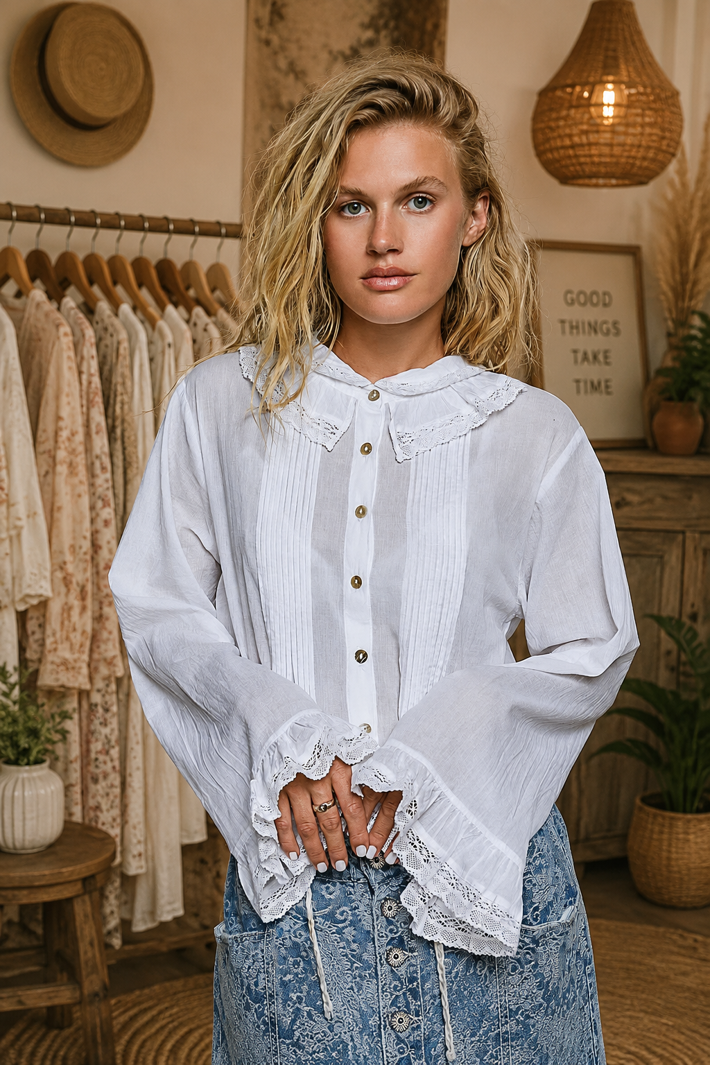 Woman wearing an ivory lace trim pintuck button-down blouse from POL, featuring romantic lace details, pleated front accents, and a relaxed fit. Front view