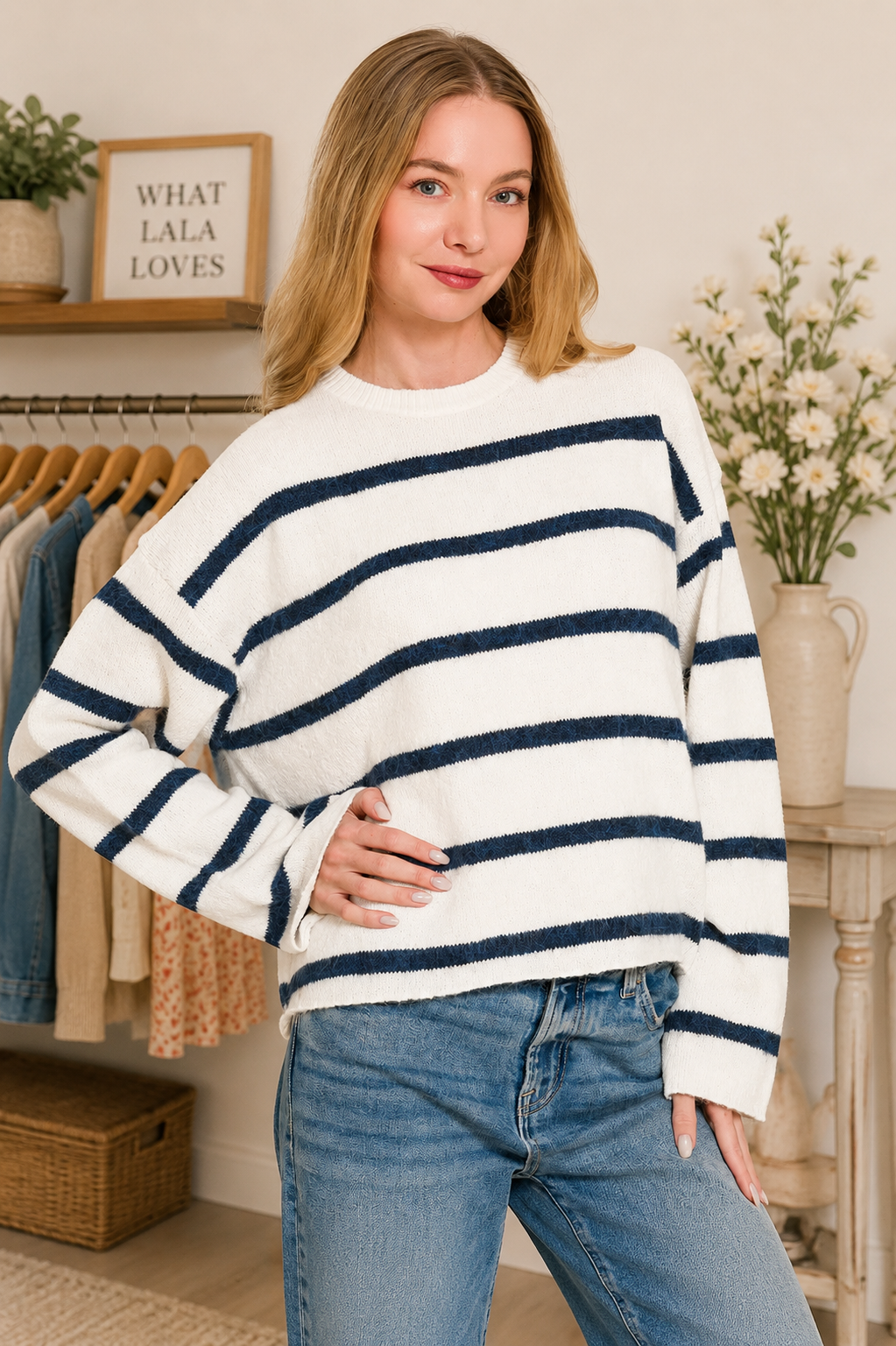 Woman wearing an ivory lightweight wool blend sweater with navy stripes by Zenana paired with blue jeans.Front View