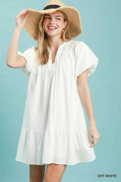 Off White Cotton Tassel Tie Mini Dress with Pockets by Umgee