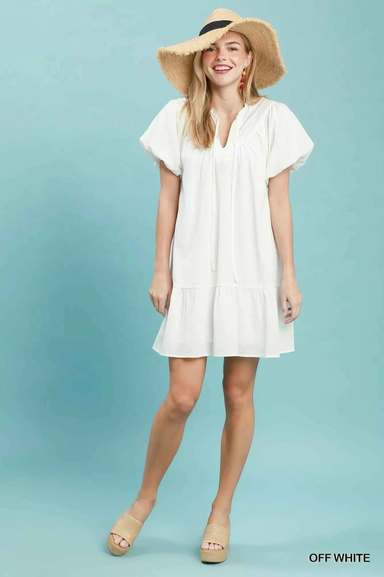 Off White Cotton Tassel Tie Mini Dress with Pockets by Umgee