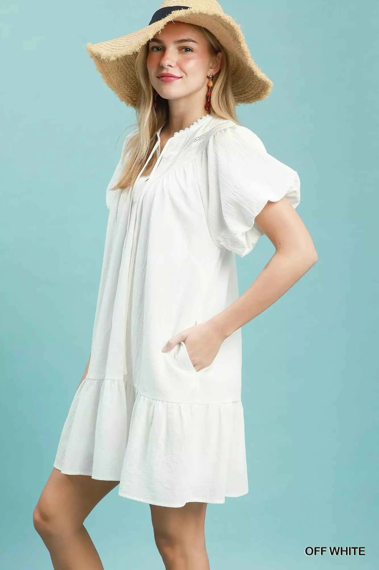 Off White Cotton Tassel Tie Mini Dress with Pockets by Umgee