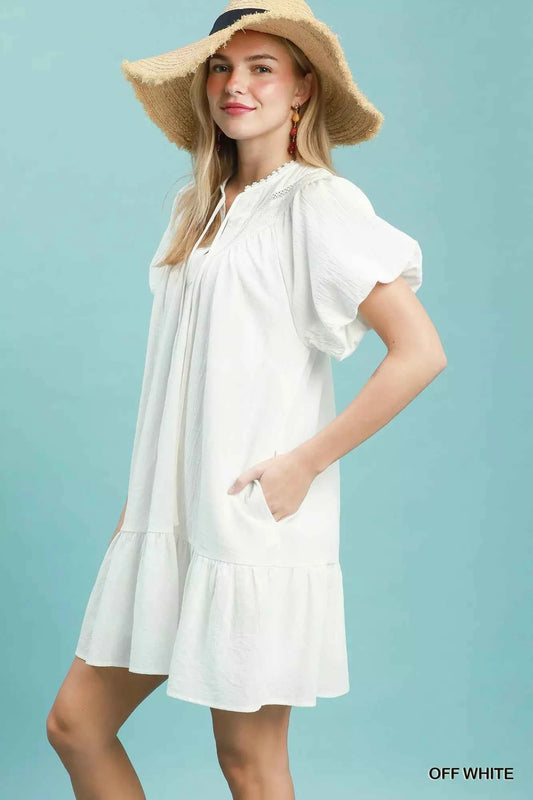 Off White Cotton Tassel Tie Mini Dress with Pockets by Umgee