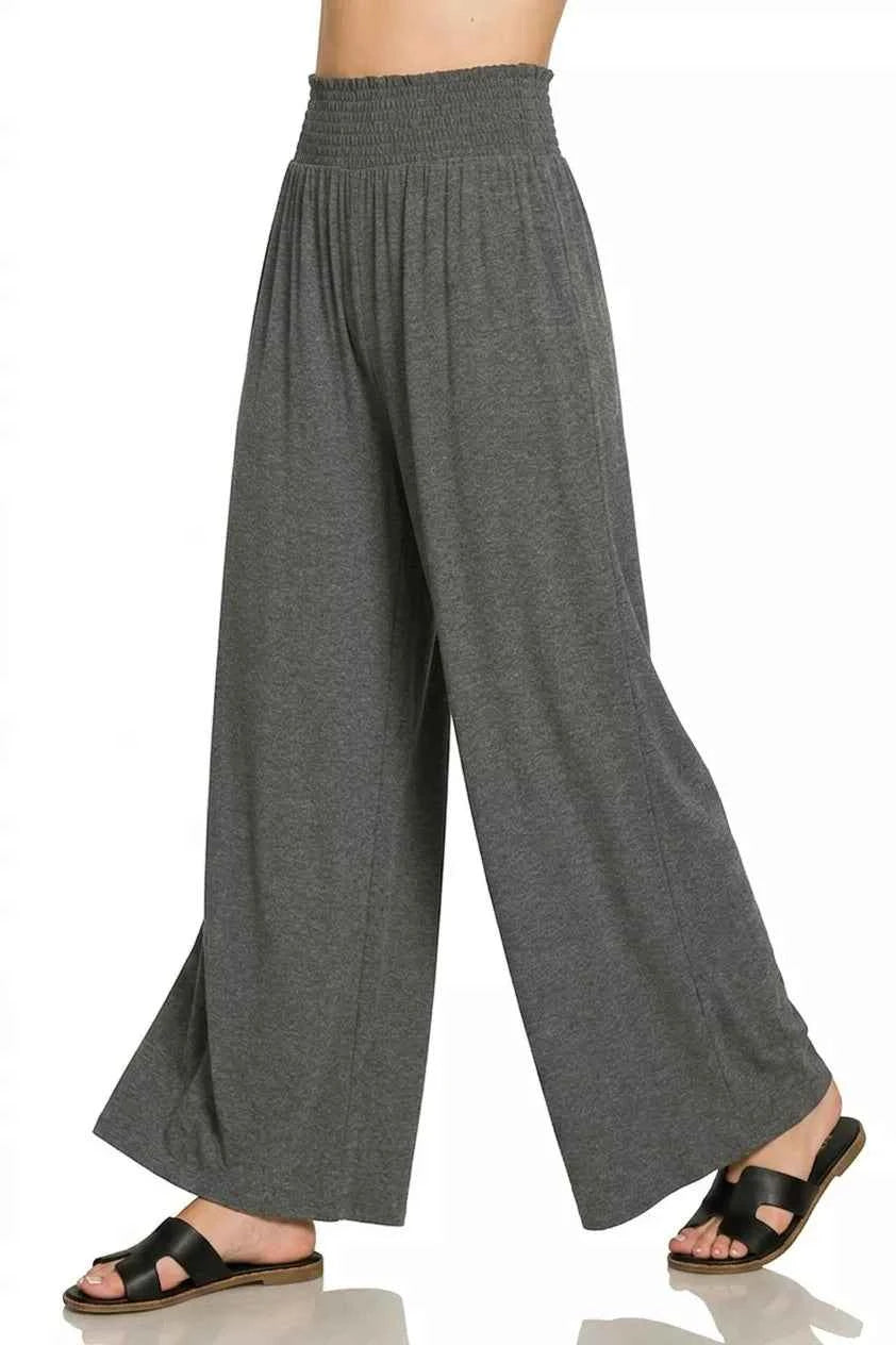 Charcoal Smocked Waist Wide Leg Palazzo Pants by Zenana