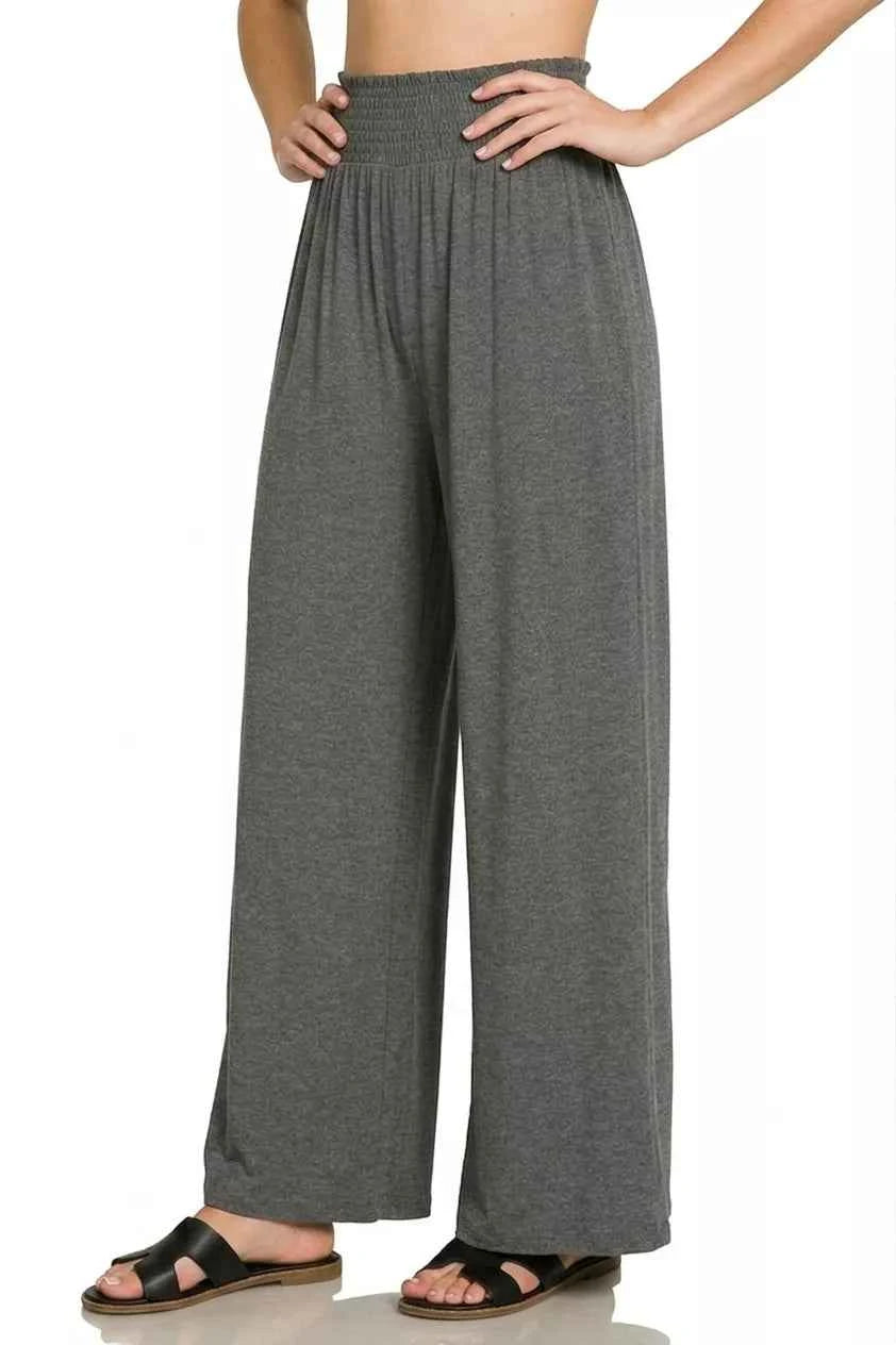 Charcoal Smocked Waist Wide Leg Palazzo Pants by Zenana