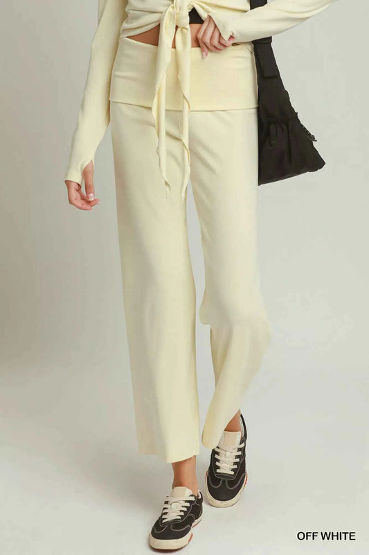 Off White Cotton Viscose Folded Waistband Straight Leg Pants by Umgee