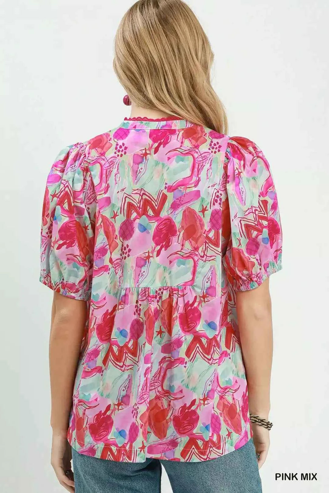 Pink Mix Abstract Print Puff Sleeve Cotton Blouse by Umgee