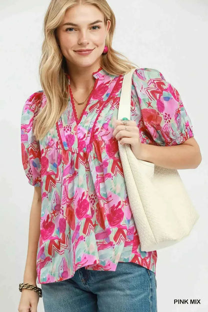 Pink Mix Abstract Print Puff Sleeve Cotton Blouse by Umgee