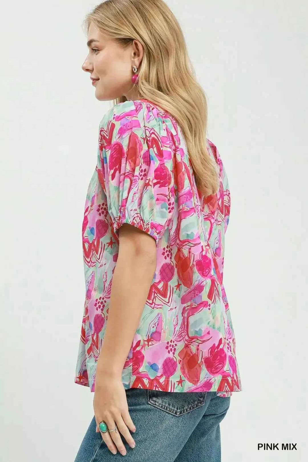 Pink Mix Abstract Print Puff Sleeve Cotton Blouse by Umgee