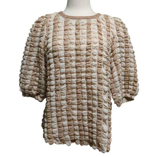 Voy Textured Beige & Cream Puff Sleeve Top~Stretchy~Size SMALL