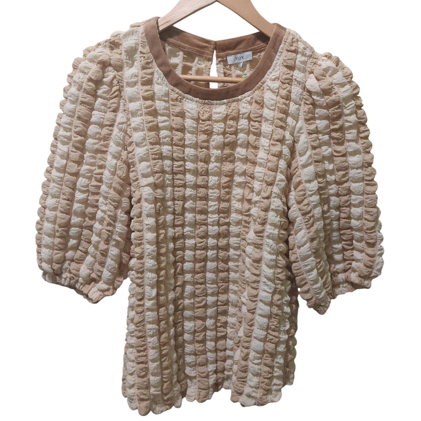 Voy Textured Beige & Cream Puff Sleeve Top~Stretchy~Size SMALL