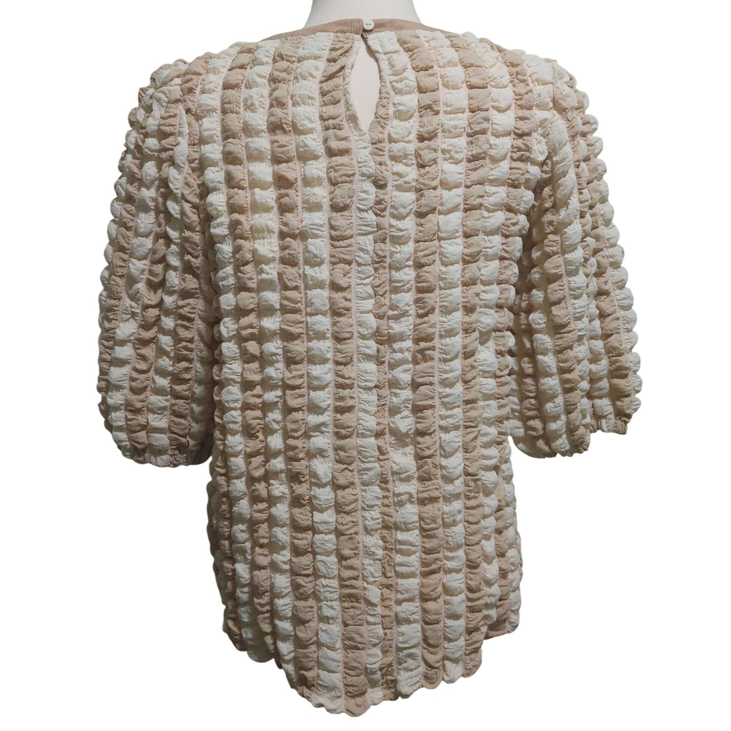 Voy Textured Beige & Cream Puff Sleeve Top~Stretchy~Size SMALL