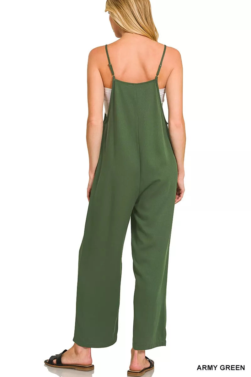 Zenana Army Green Rayon Woven Wide Leg Jumpsuit Back