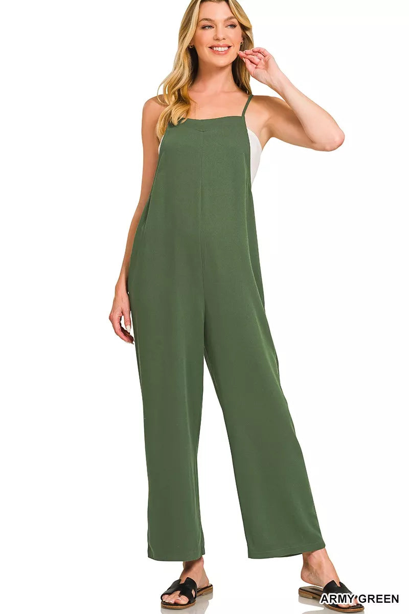 Zenana Army Green Rayon Woven Wide Leg Jumpsuit Front