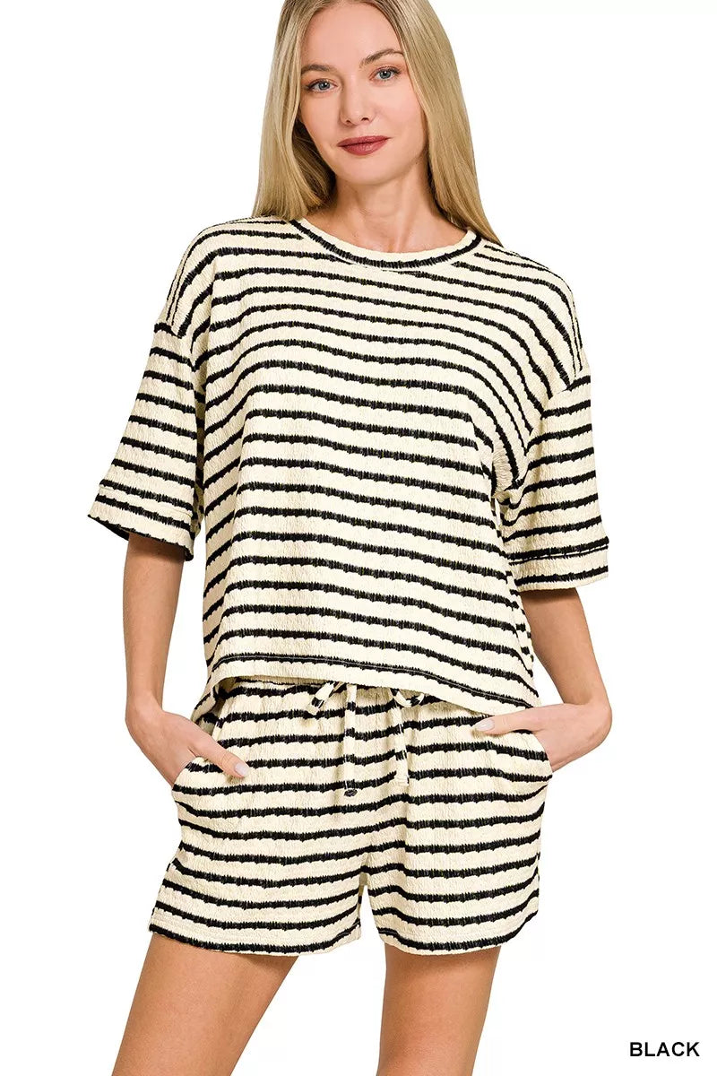 Zenana Black Striped Short Sleeve Tee & Shorts Set Front