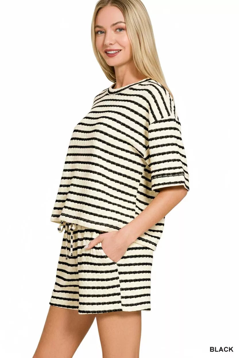 Zenana Black Striped Short Sleeve Tee & Shorts Set Side
