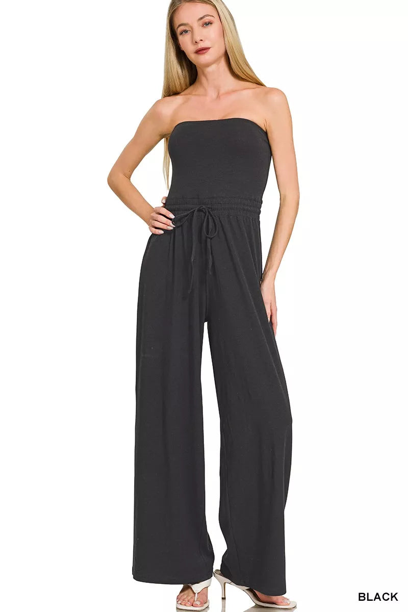 Zenana Black Tube Top Jumpsuit with Drawstring Waist Front