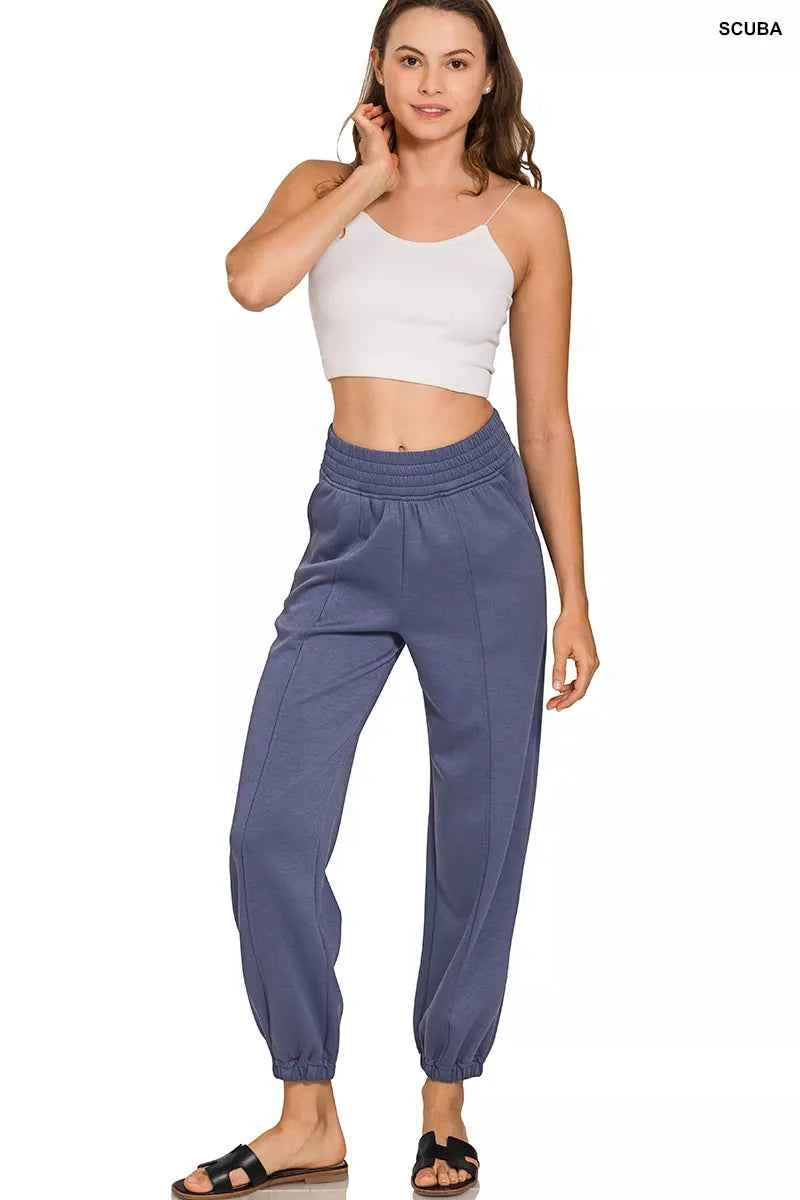 Zenana Blue Indigo Scuba Elastic Waist Joggers with pockets Full View
