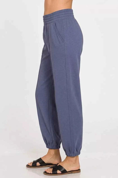 Zenana Blue Indigo Scuba Elastic Waist Joggers with pockets Side View