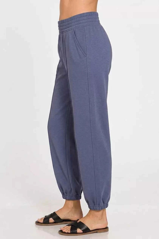 Zenana Blue Indigo Scuba Elastic Waist Joggers with pockets Side View