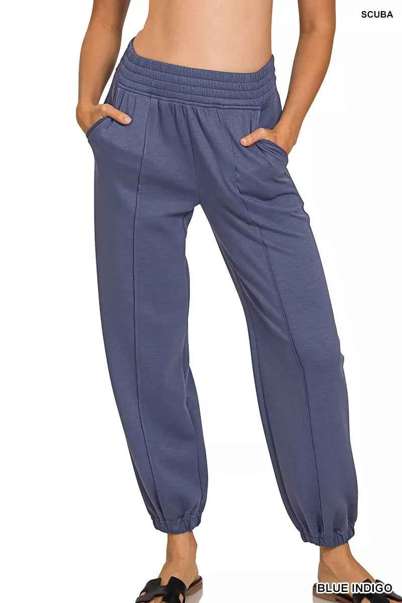 Zenana Blue Indigo Scuba Elastic Waist Joggers with pockets front view