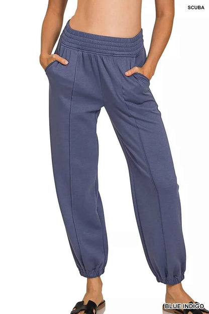 Zenana Blue Indigo Scuba Elastic Waist Joggers with pockets front view