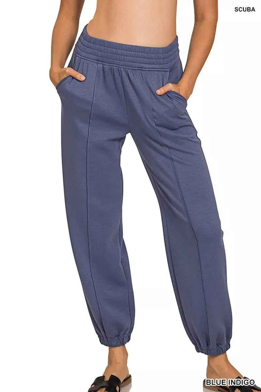 Zenana Blue Indigo Scuba Elastic Waist Joggers with pockets front view