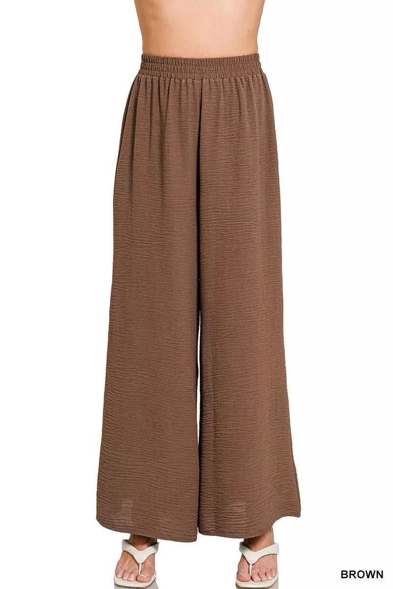 Zenana Brown Woven Airflow Elastic Waistband Pants Front View