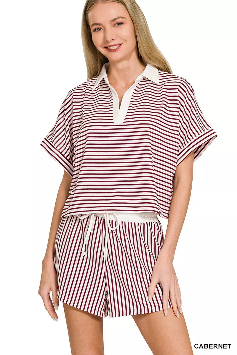 Zenana Cabernet Red Striped Collared Top & Shorts Set Front View