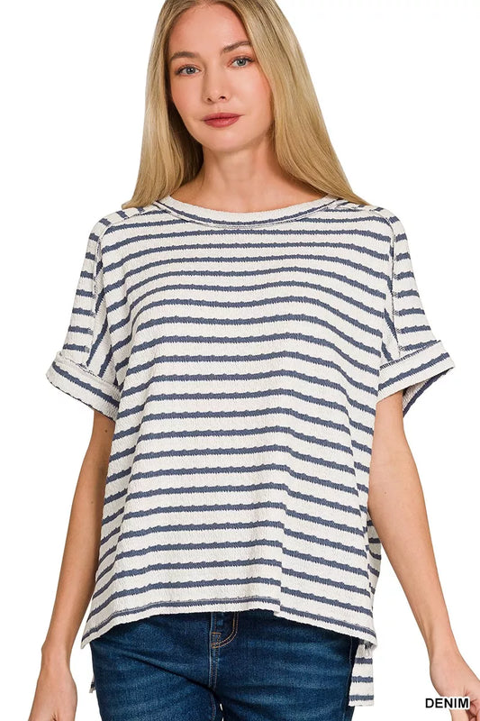 Zenana Denim Blue Stripe Jacquard Round-Neck Tee Front