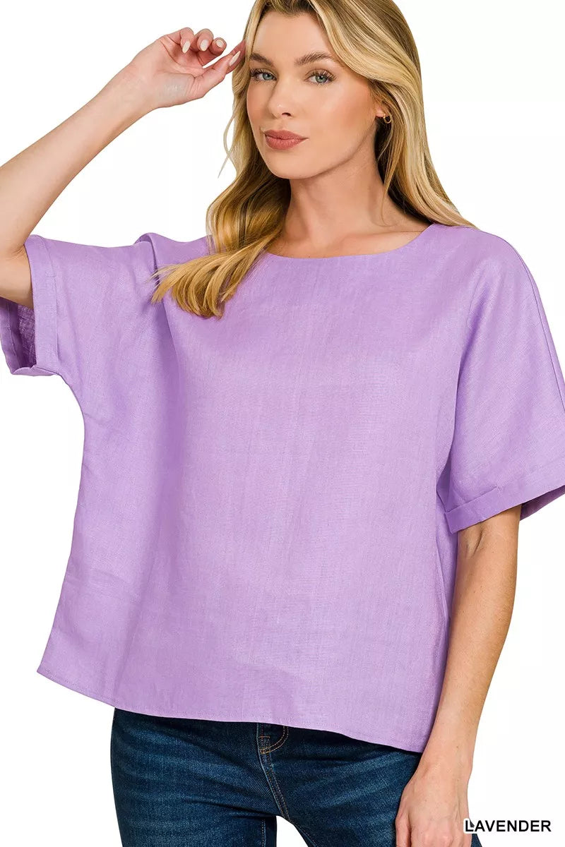 Zenana Lavender Linen Round Neck Cuffed Sleeve Top Front View