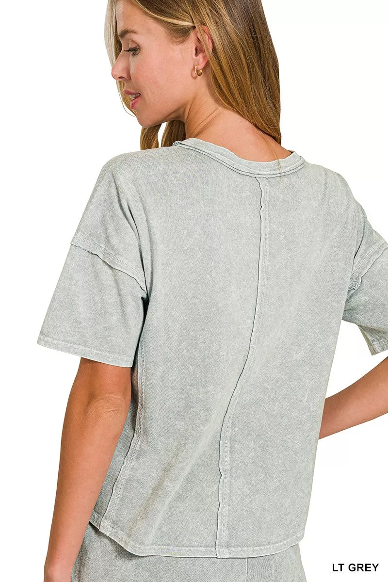 Zenana Light Grey Halo Snow Washed Short Sleeve Tee and Shorts Set Back
