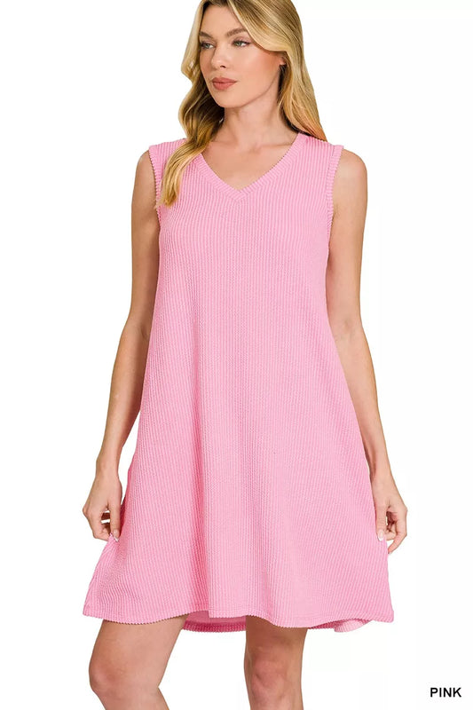 Zenana Pink Raised Rib Sleeveless Mini Dress