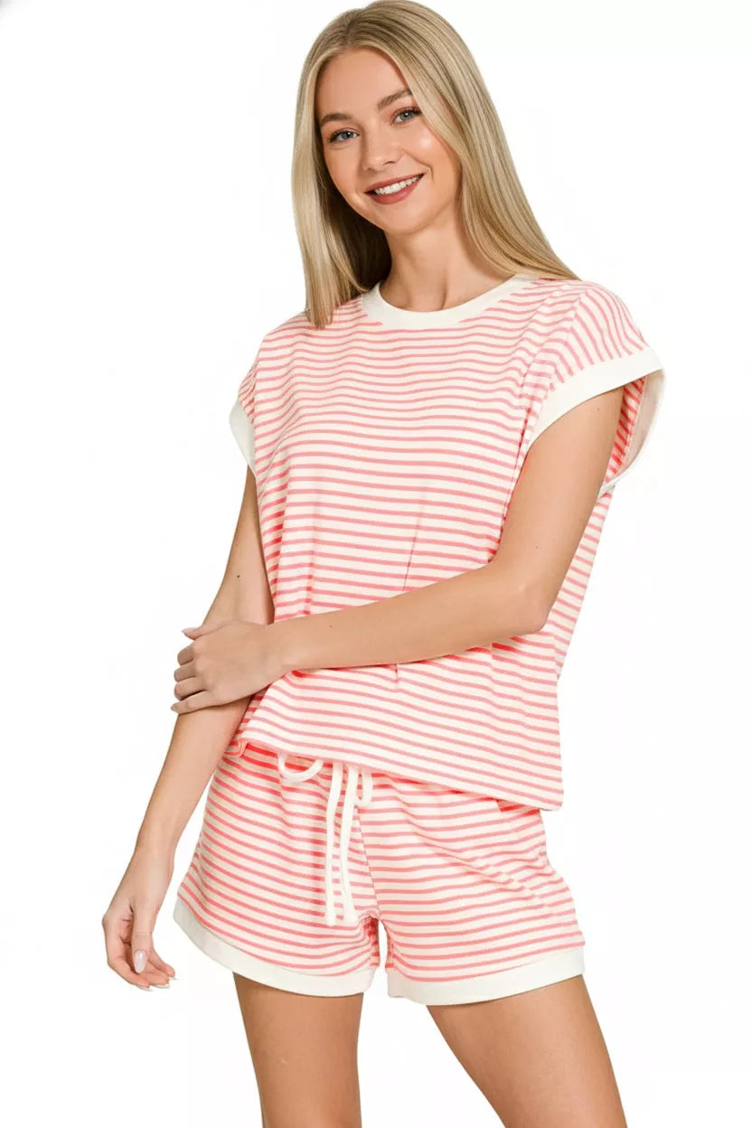 Zenana Pink Stripe Contrast Trim Top & Shorts Set Front View