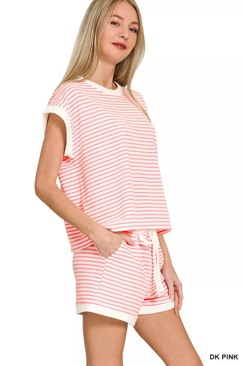 Zenana Pink Stripe Contrast Trim Top & Shorts Set Side View