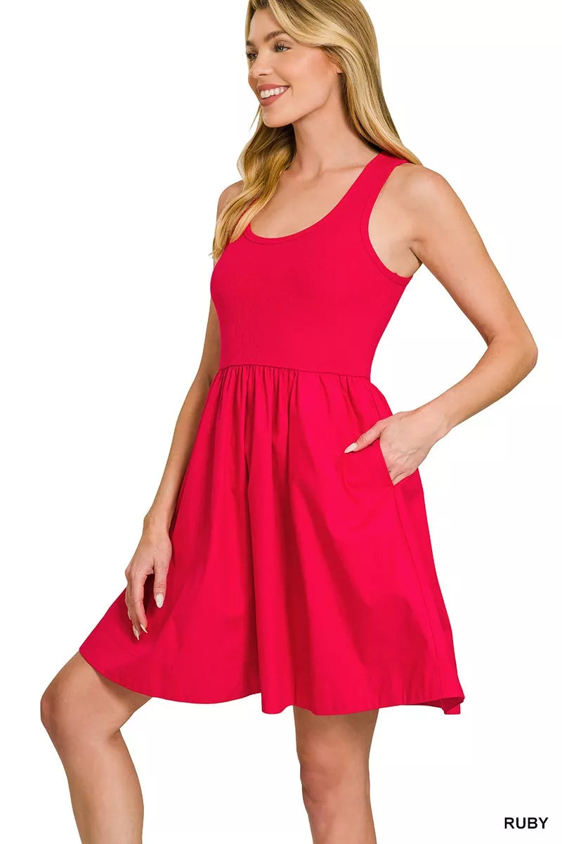 Zenana Ruby Red Combined Knit & Woven Midi Dress W/ Pockets Side View